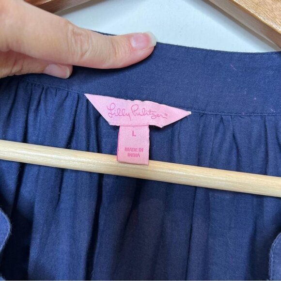 Lilly Pulitzer Womens Size Large Navy Blue Popover Cotton Blouse Eyelet Lace - Picture 6 of 7